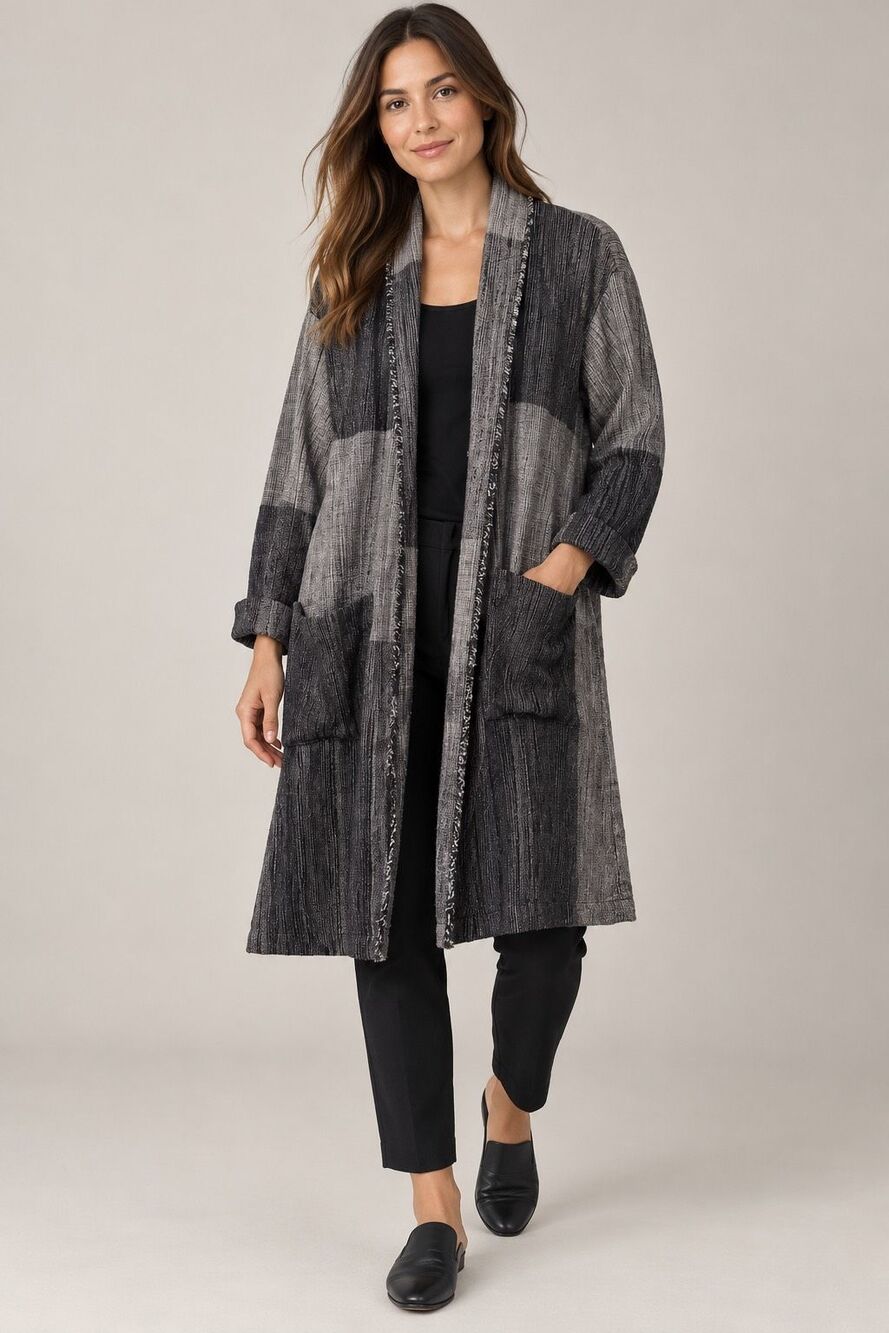 Eileen Fisher Organic Cotton Open Front Duster Cardigan size S/M Plaid Textured